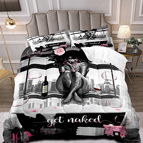 LUVIVIHOME 3PCS Sexy Black Girl Magic Queen Comforter Set, Pink Bag High Heels Eiffel Tower Inspirational Quotes African American Quilt Bedding, Black and White Bedroom Decor for Women, 2 Pillow Shams