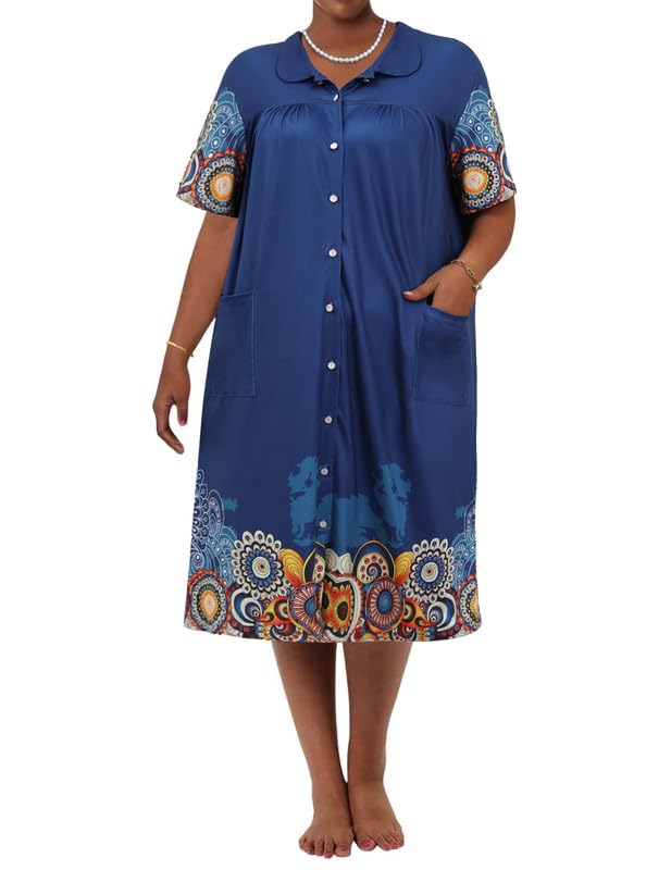 Ekouaer Plus House Dresses for Womens With Pockets Mumu Duster Housecoat Short Sleeve Nightgown Nightshirt Blue Mandola 18W