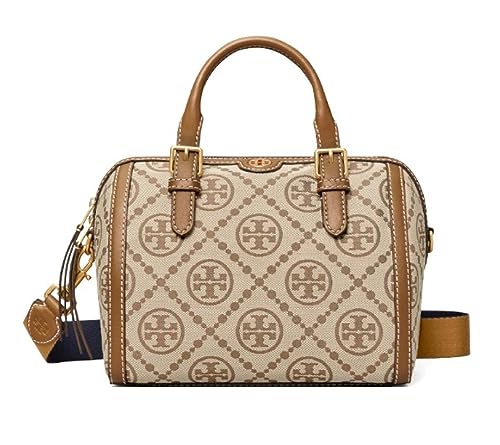 Tory Burch 83970 T Monogram Hazelnut Tan/Khaki With Gold Hardware Jacquard Women's Barrel Tote Bag