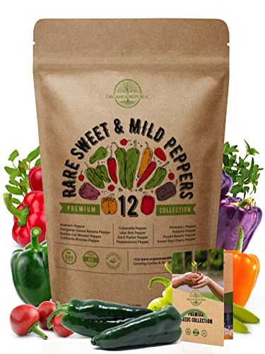Organo Republic 12 Rare Sweet & Mild Pepper Seeds Variety Pack for Indoor & Outdoors. 600+ Non-GMO Pepper Garden Seeds: California Wonder Bell, Anaheim, Cubanelle, Pepperoncini, Banana Peppers