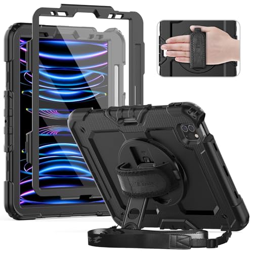 Timecity Case for iPad Pro 11 inch (1st, 2nd, 3rd, 4th Generation), Heavy Duty Rugged Protective Case with Built-in Screen Protector, Pencil Holder, 360 Rotating Stand&Handle, Shoulder Strap- Black