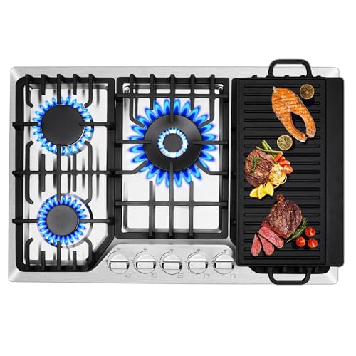 Gas Cooktop 30 Inch with Griddle, 5 Italy SABAF Burners Gas Stove Top, Stainless Steel Built-in Gas Hob, NG/LPG Convertible Gas Range Top for Kitchen, CSA Certified Gas Regulator Included
