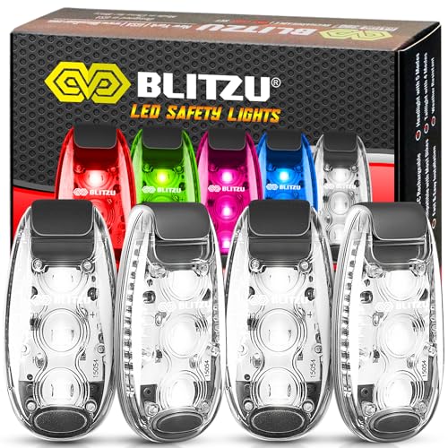 BLITZU 4 Pack LED Safety Lights Gear for Kids, Women & Men. for Bike Tail Light, Kayak, Dog Collar, Stroller, Walking, Boat, Runners, Night Running Blinking Warning Reflective Light Accessories White