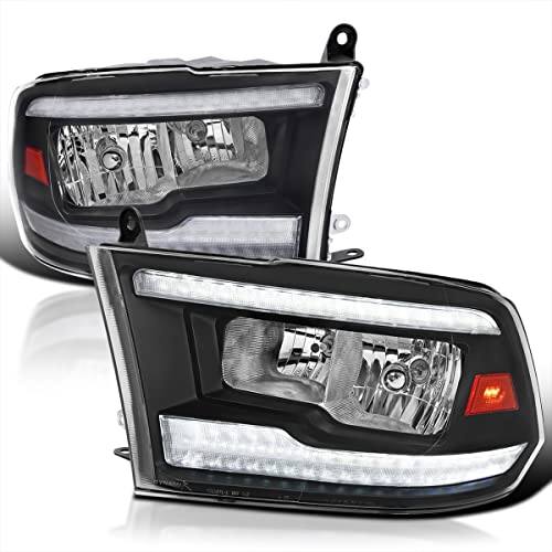 Spec-D Tuning Black Housing Clear Lens LED Strip Headlights Compatible with 2009-2018 Dodge Ram 1500 2500 3500, Left + Right Pair Headlamps Assembly