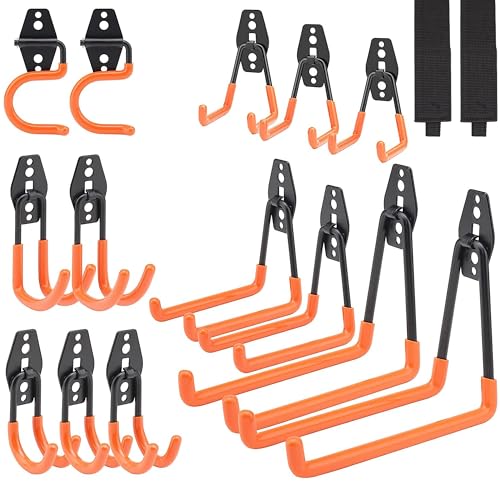 Dorisy Upgraded 16 Packs Garage Hooks Utility Double Heavy Duty with Mop Broom Holders, Wall Mount Hooks, Garage Storage Organization and Tool Hangers for Power ＆ Garden Tools, Ladders, Bikes(Orange)