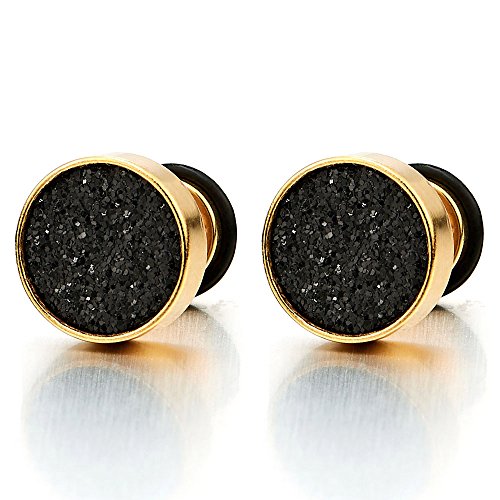6mm Mens Women Gold Stud Earrings Steel Illusion Tunnel Plug Screw Back with Black Sand Glitter