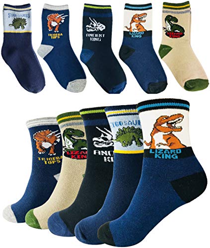 Tiny Captain Boy Dinosaur Socks - 4 Year Old Boys Crew Cotton Sock Perfect Age 5,6,7 Gift Set (Medium, Black and Blue)