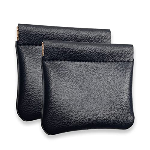 VOFOON [Upgrade] Leather Mini Squeeze Coin Purse, Small Jewelry Pouch Leather Travel Bag Coin Holder For Men/Women 2 Pack(Black)