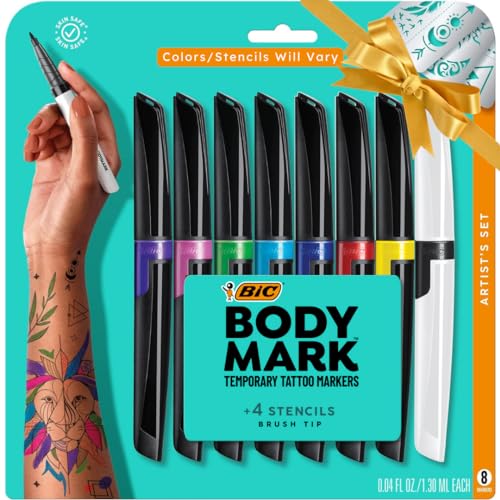 BIC BodyMark Temporary Tattoo Markers for Skin, Artist's Set, Mixed Tip, 8-Count Pack of Assorted Colors, Skin-Safe*, Cosmetic Quality (MTBXP81-A-AST)