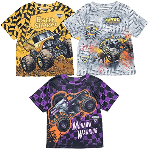 Monster Jam Maximum Destruction Earth Shaker Mohawk Warrior Toddler Boys 3 Pack T-Shirts Yellow/Grey/Purple 5T