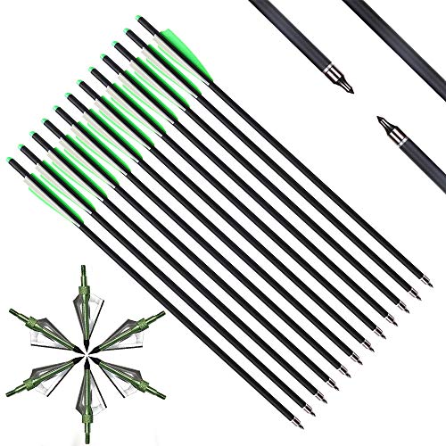 IRQ 20 Inch Crossbow Bolts and Crossbow Broadheads Set, Carbon Crossbow Arrows for Hunting and Outdoor Practice, 12 Green Arrows, 6 Broadheads(18 Pack)