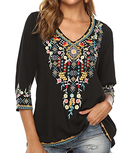 Higustar Boho Mexican Floral Embroidered Tops for Women Peasant Style Shirts Bohemian Plus Size Blouse Hippie Clothes Black