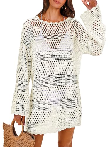 ANRABESS Women Swimsuit Crochet Swim Cover Up 2024 Summer Bathing Suit Swimwear Mesh Knit Beach Dress Vacation Outfits Cream White Medium