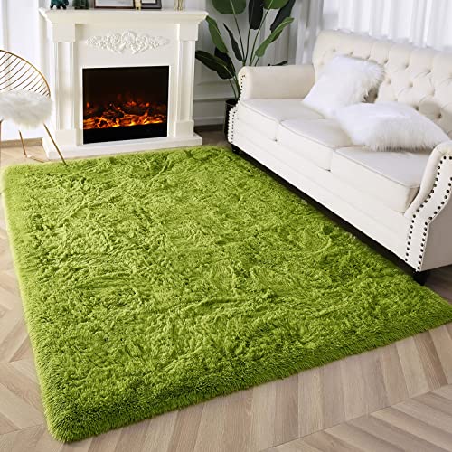 Prabia Super Soft Fluffy Shaggy Rugs for Living Room Bedroom, Fuzzy Plush Area Rugs for Girls Kids Room Nursery Home Decor, Furry Dorm Rug Cute Non-Slip Indoor Floor Carpet 4x5.9 Feet, Green