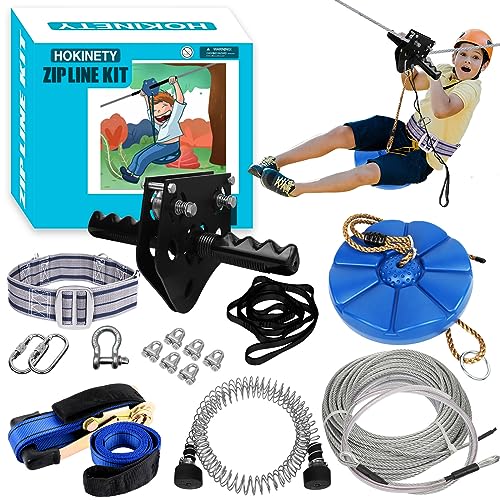 HOKINETY Zip Line Kit for Kids Adults : Up to 450Lbs 200FT Quick Setup Zipline for Backyard Outdoor with 100% Rust Proof Removable Trolley Swing Seat Safety Harness Spring Brake