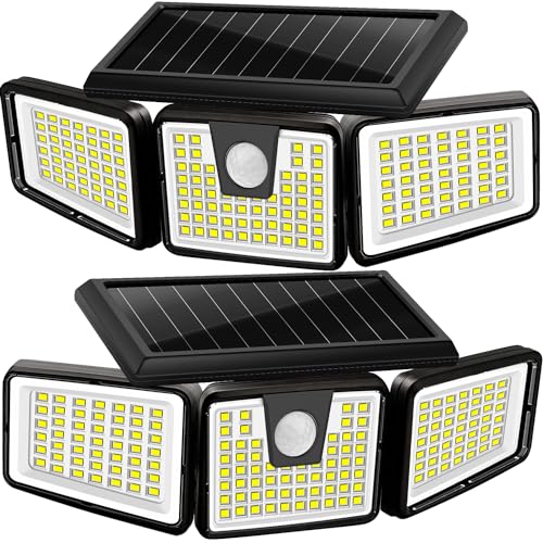 AmeriTop Solar Lights Outdoor, 2 Pack 128 High Brightness LED Cordless Solar Motion Sensor Lights; 3 Adjustable Heads, 270°Wide Angle Illumination, IP65 Waterproof, Security Flood Light(Daylight)