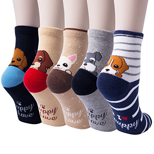Womens Cute Animal Painting Socks 5 Pairs, Funny and Cool 100% Cotton Art Dog Cat Socks for Women, Black & brown & yellow & blue & gray