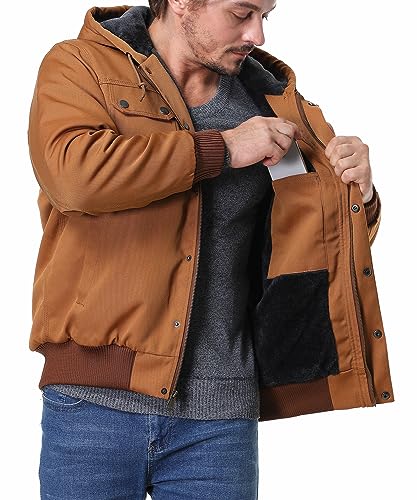 MOERDENG Men's Relaxed Fit Utility Coat Workwear Fleece Lined Multiple Pockets Waterproof Winter Hooded Jacket(Khaki,L)