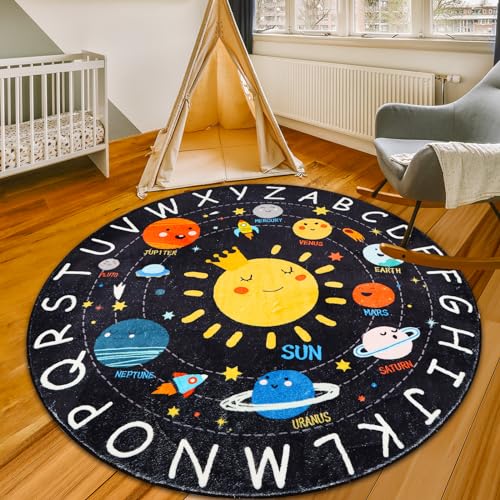 Round ABC Kids Rug,4 Ft Soft Circle Alphabet Playroom Rug,Washable Non-Slip Solar System Kids Play Rug,Space Educational Rug Kids Carpet for Classroom Playroom Bedroom Kids Room Decor