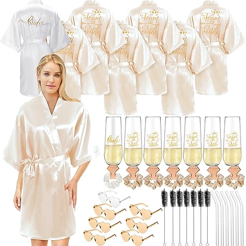 Panitay 42 Pcs Bridesmaids Proposal Gift Bride Robes Set Scrunchies Heart Sunglasses Champagne Flutes for Wedding Party (Champagne)