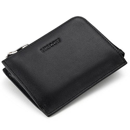 HISCOW Metal Zipper Slim Sector Wallet with 2 Card Slots - Italian Calfskin (Black)
