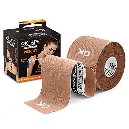 OK TAPE Kinesiology Tape 10 inches Precut, 20 Strips, Cotton Elastic Athletic Tape Latex Free, 2inch x 16ft, Beige