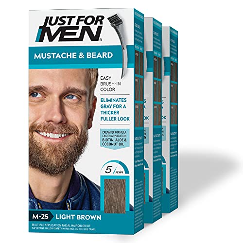 Just For Men Mustache & Beard, Beard Dye for Men with Brush Included for Easy Application, With Biotin Aloe and Coconut Oil for Healthy Facial Hair - Light Brown, M-25, Pack of 3