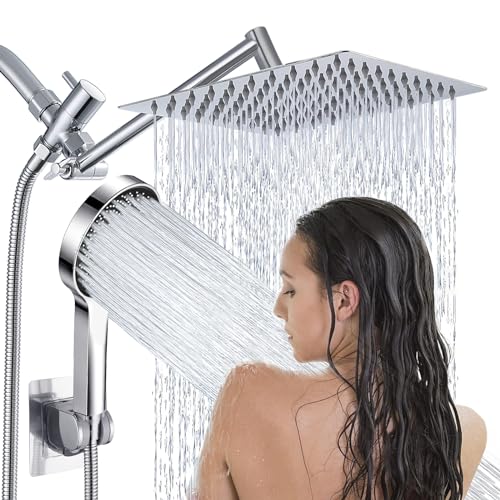 Shower Head,8”Rain Shower Head with Handheld Spray Combo with 11'' Angle Adjustable Extension Arm/Flow Regulator/Shower System,High Pressure Rainfall Shower Head Clean Bathroom,Chrome