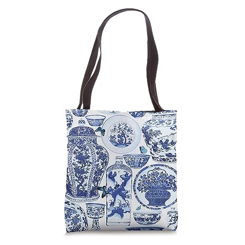 Chinoiserie Vase and Plate Toile Blue and White Tote Bag