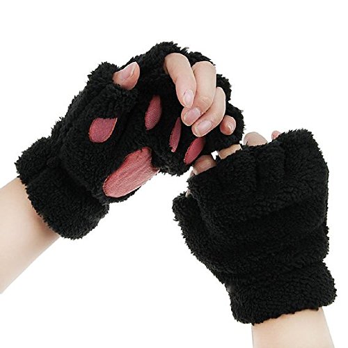 Himine Cat Claw Bear Paw Fingerless Winter Plush Gloves 1*Pair(Black)