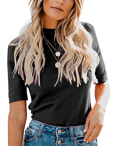 LIYOHON Womens Tops Dressy Casual Summer Cute Tops Mock Turtleneck Business White T Shirts Black-L