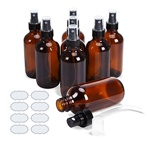 ULG Fine Mist Sprayers 4 oz Amber Boston Bound Glass Bottles 8 Pieces Empty Spray Atomizer Aromatherapy Cosmetic Sprays Including Waterproof DIY Labels