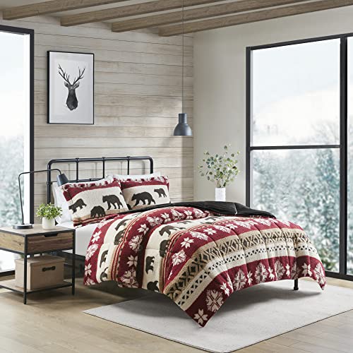 Woolrich Tunbridge Sherpa Comforter Set with Soft Faux Mink Reverse - Southwestern Rustic Cabin Print, Cozy Warm Bedding for Cold Season, Matching Shams, King/Cal King, Red/Black 3 Piece