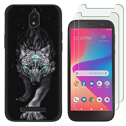 Tonvizern for BLU View 2 /B130DL Case with 2 Tempered Glass Screen Protectors, Wolf Pattern Design, Slim Shockproof Protective Soft Silicone Phone Case Cover for Girls Women Boys (Black)