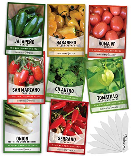 Gardeners Basics, Heirloom Hot Salsa Growing Seed Packets 8 Varieties Habanero, Jalapeno, Serrano Peppers, Roma, San Marzano Tomato, Cilantro, Green Onion, Tomatillo for Garden Non-GMO Heirloom