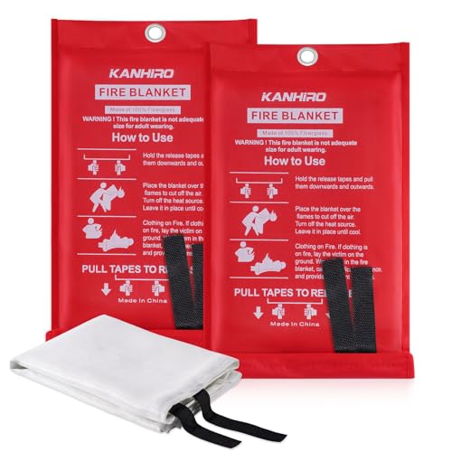 kanhiro Fire Blanket Emergency for Home Kitchen - Fiberglass Fire Suppression Blanket Great for School, Fireplace, Grill, Car, Office, Warehouse (2 Pack, 39 in X 39 in)