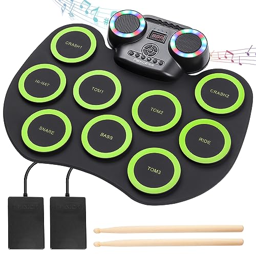 Electronic Drum Kit 9 Pads Roll-up Practice Drum Set With Colorful Lights for 8h Playing With Built-in Speaker, Headphone, USB MIDI Jack for Kids, Teens, and Adults Beginner, Best Birthday Gift