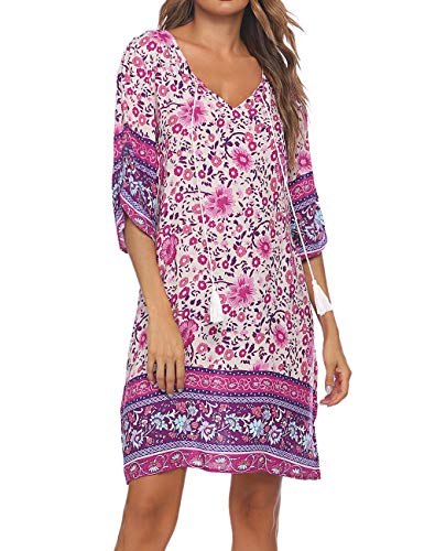 Halife Women's Summer Floral Dress for Beach Vacation Half Sleeve Casual Loose Tunic Boho Dresses XX-Large Pink