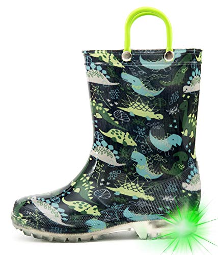 HugRain Toddler Girls Boys Rain Boots Baby Kids Light Up Printed Waterproof Shoes Rubber Garden Puddle Boots Lightweight Adorable Cute Green Dinosaur Easy-On Handles and Insole (Size 8,Green)
