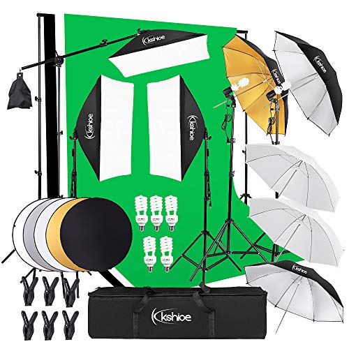 Kshioe Photography Lighting Kit, 6.5x10feet/2x3m Backdrops Stand Support System, 5 in 1 reflectors, 1600w 5500k Umbrellas Softbox Continuous Lighting Kit for Portrait, Product and Video Shooting