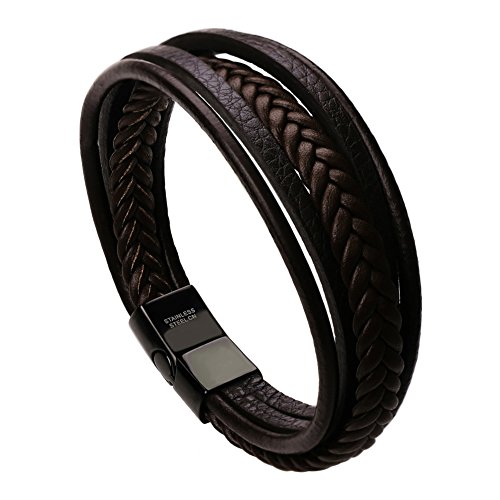 murtoo Mens Leather Bracelet Cowhide Multi-Layer Braided Leather Mens Bracelet (Brown, 7.5')