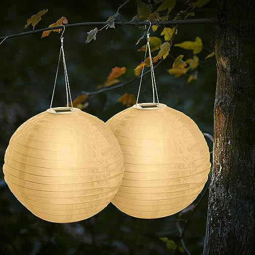Hanging Solar Chinese Lanterns - Set of 2 Waterproof Nylon Solar Japanese Lantern Lighting for Outdoor Garden Patio Carport Courtyard Backyard Decoration - Warm White