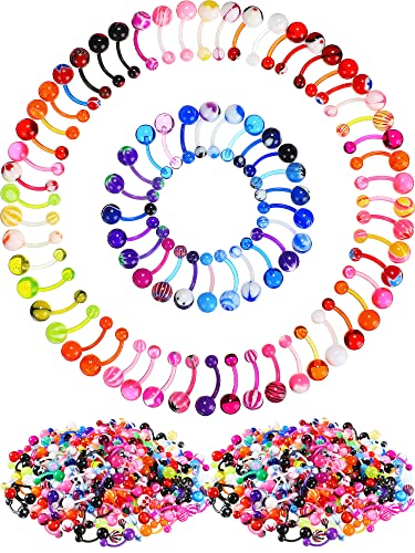Junkin 200 Pieces Belly Button Rings Piercing multipack belly ring Button Banana Barbells Colorful Body Navel Rings Navel Barbell Acrylic Balls Steel Belly Rings Body Piercing Jewelry