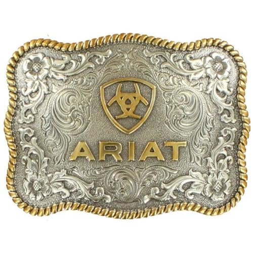 ARIAT Large Scalloped Shape Buckle with Logo, Floral and Scroll Detail, Twisted Rope Trim, 3.75'x 2.75'