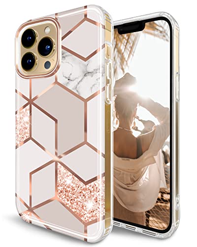 JAHOLAN Designed Case for iPhone 14 Pro Max Shiny Glitter Plating Marble Protective Shockproof Slim Military Grade Drop Protection Hard Back Cover Phone Case for Girls Women, Rose Gold