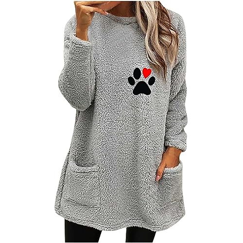 Fleece Pullover Shirts for Women Round Neck Long Sleeve Sherpa Sweatshirts with Pocket Cute Winter Trendy Tops fleece hoodie blanket Gray L
