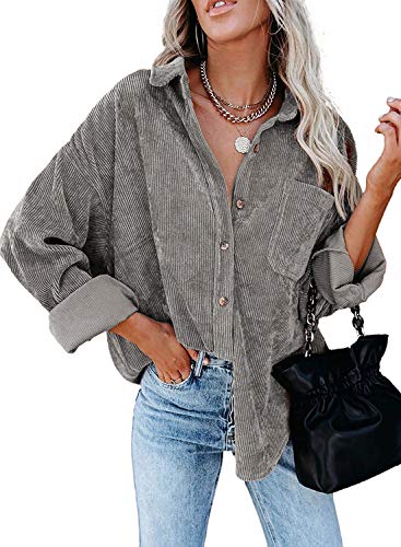 MIHOLL Womens Corduroy Button Down Shirts Casual Long Sleeve Jacket Oversized Boyfriend Blouses Tops with Pockets