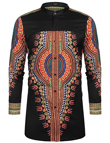 COOFANDY Men's African Dashiki Print Shirt Long Sleeve Button Down Shirt Bright Color Tribal Top Shirt Black