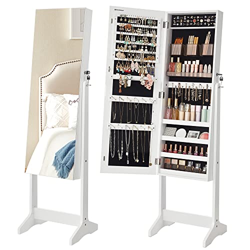 SONGMICS Jewelry Cabinet Armoire, Freestanding Lockable Storage Unit with 2 Plastic Cosmetic Storage, Full-Length Frameless Mirror, for Necklace Earring, White UJJC002W01, 16.2 x 14.4 x 60.6 Inches