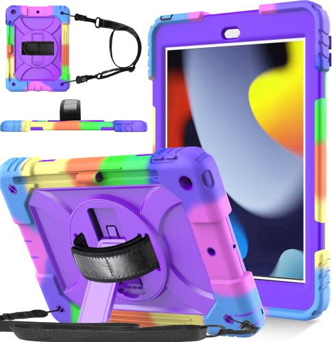 BMOUO iPad 9th Generation Case, iPad 8th/7th Generation Case, iPad 10.2 Case,Hybrid Shockproof [360 Rotating Stand] [Hand Strap] [Pencil Holder] Kids Case for New iPad 10.2' 2021/2020/2019 - Purple